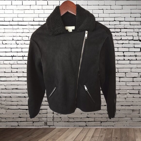 H&M Faux Suede Biker Jacket with Faux Shearling Lining - Size 2 - Picture 1 of 7